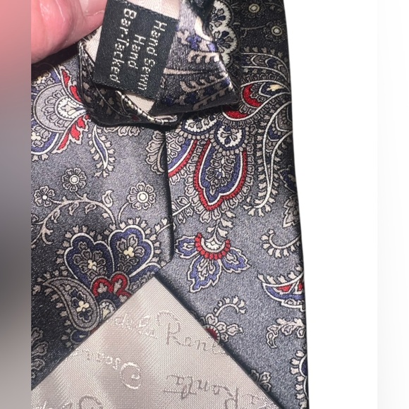 Oscar de la Renta Couture 100% Silk Red Grey Navy Green Paisley Abstract Tie Set - Picture 6 of 12